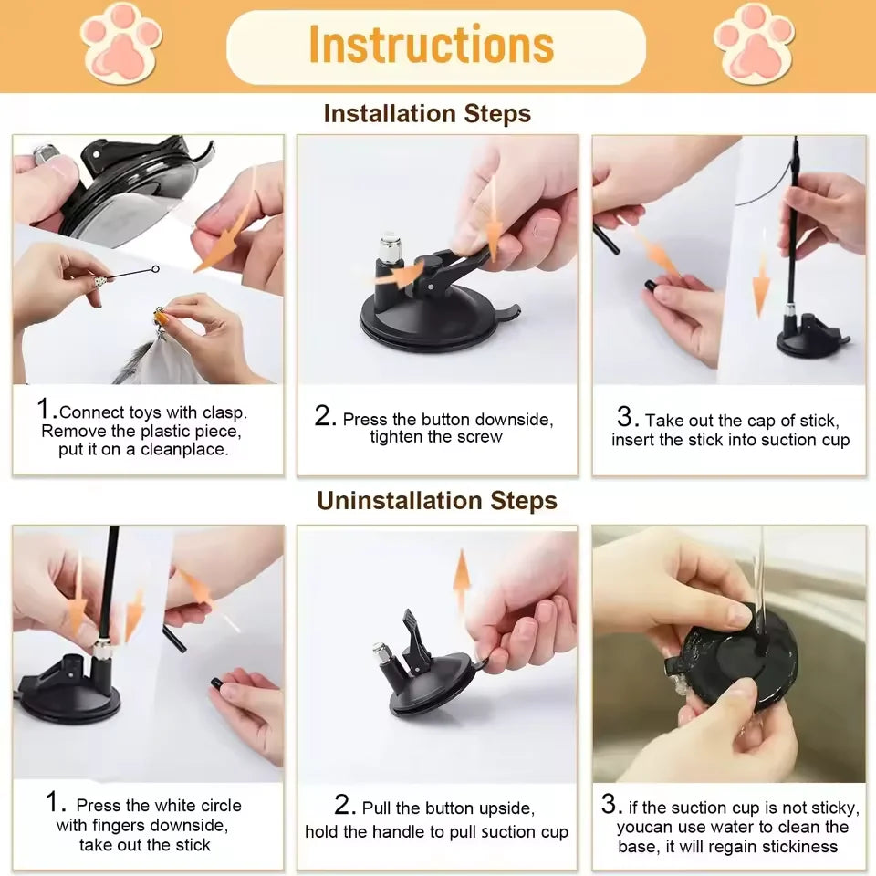 Interaktiver Katzenangel-Teaser mit Saugnapf, Glocke & austauschbarem Federkopf